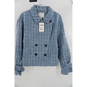 Belle & Bloom Power Over Me Blue Double Breasted Tweed Sparkle Jacket Sz L NWT